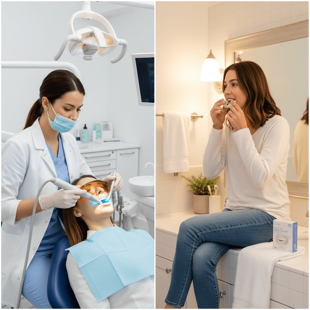 Albire dentară: la clinică vs. acasă — comparativ complet 2026