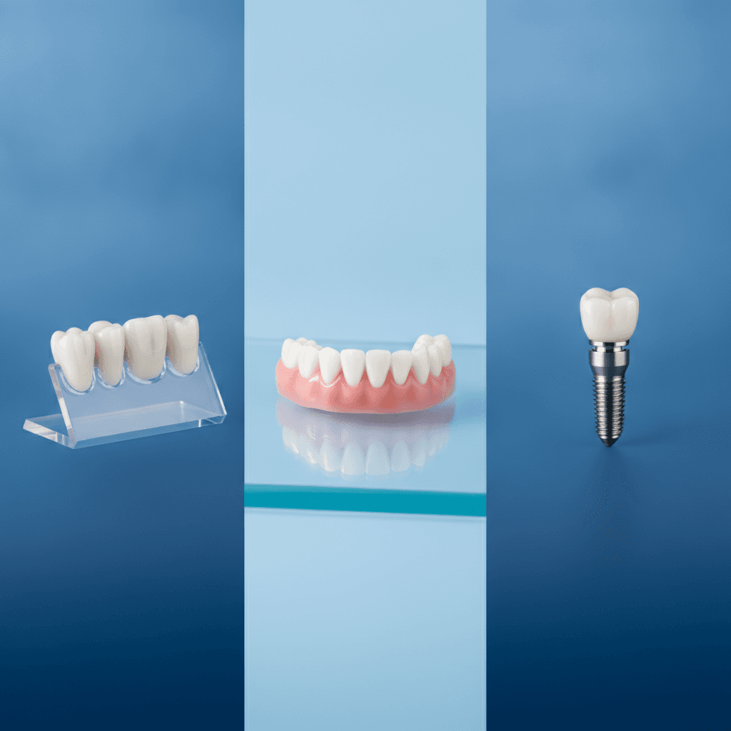 Punte fixă vs. proteză mobilă vs. implant în 2026 — comparativ complet pentru dinți lipsă