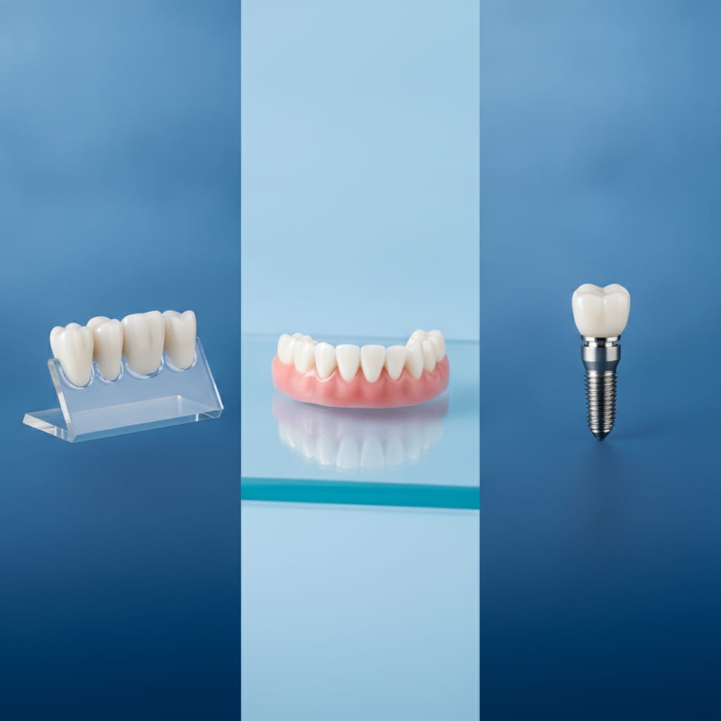 Punte fixă vs. proteză mobilă vs. implant în 2026 — comparativ complet pentru dinți lipsă